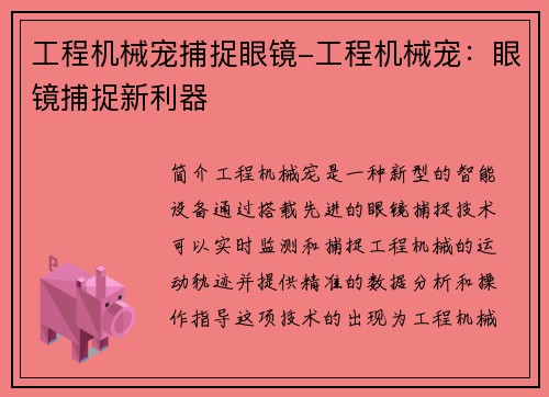 工程机械宠捕捉眼镜-工程机械宠：眼镜捕捉新利器